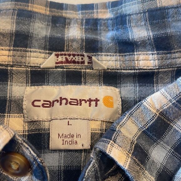 Carhartt men’s plaid shirt size large, blue cream color, big button pockets. - Picture 3 of 8